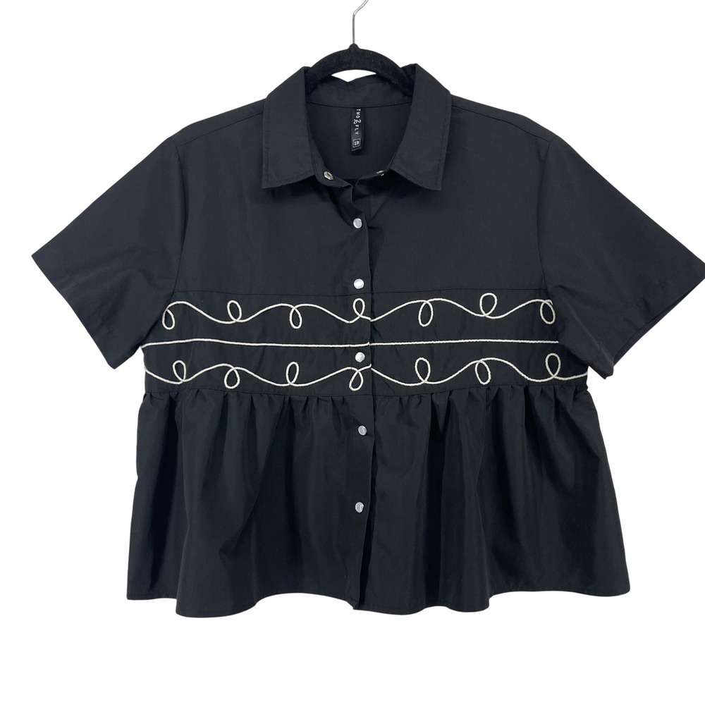 Two 2 Fly Size S/M Peplum Blouse Black Embroidered Boxy Top Snap Front Women